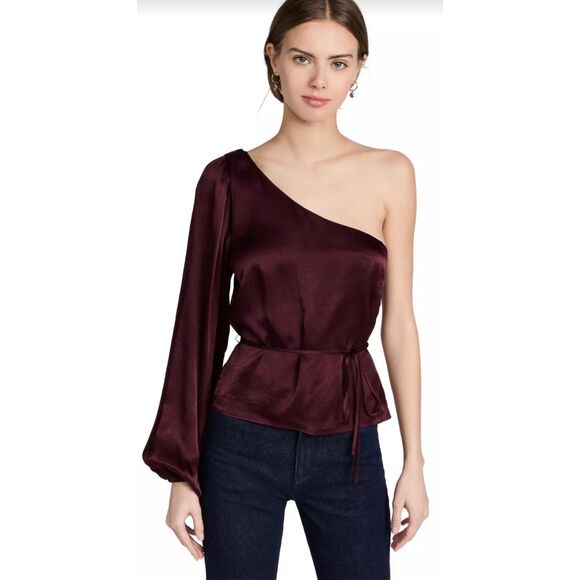 Revolve Minkpink Nador One Shoulder Burgundy Satin Long Sleeve Top XS NWT Tie Be - Picture 1 of 12